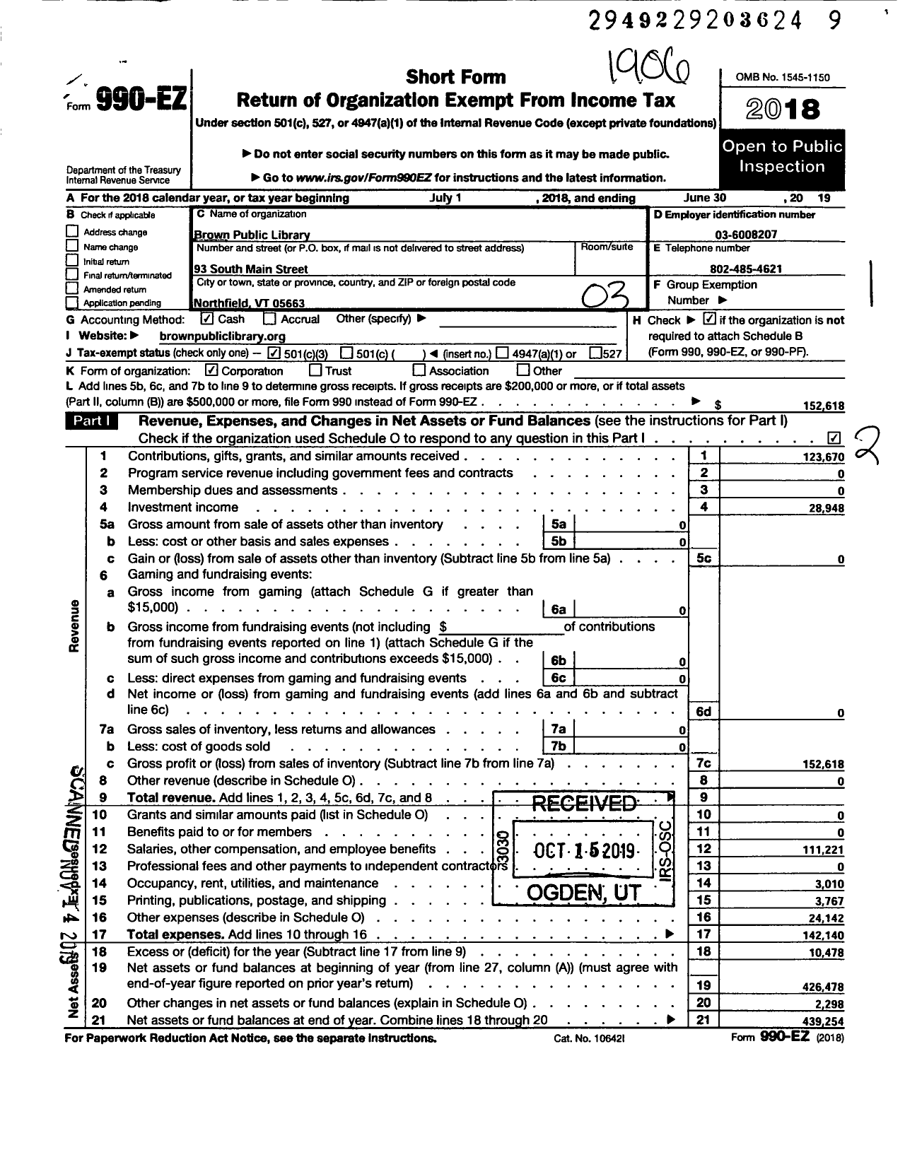 Image of first page of 2018 Form 990EZ for BROWN Public LIBRARY