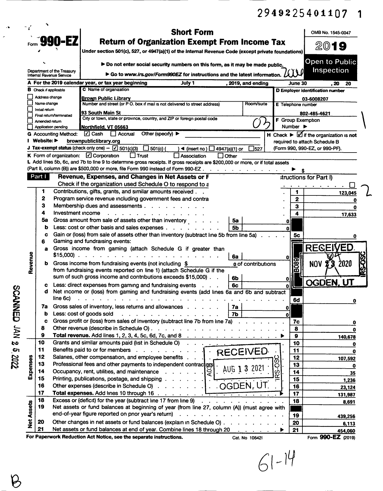 Image of first page of 2019 Form 990EZ for BROWN Public LIBRARY