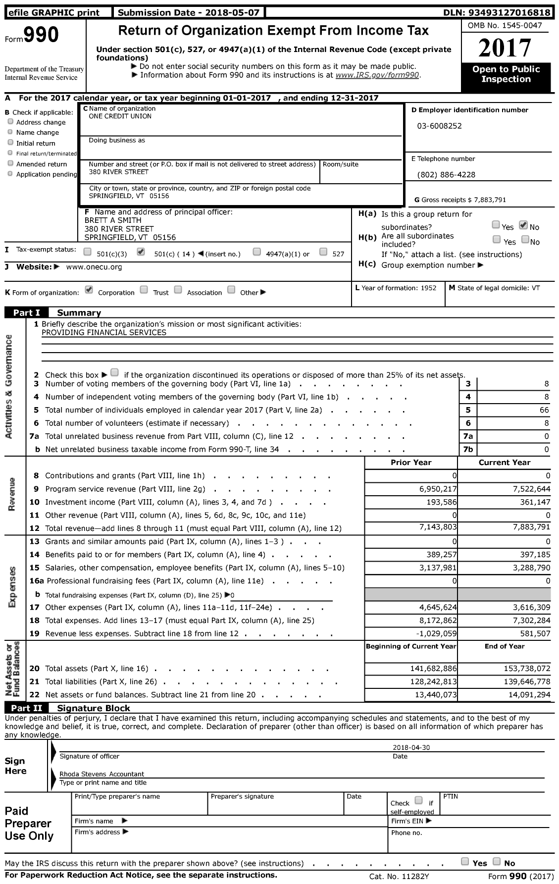 Image of first page of 2017 Form 990 for One Credit Union