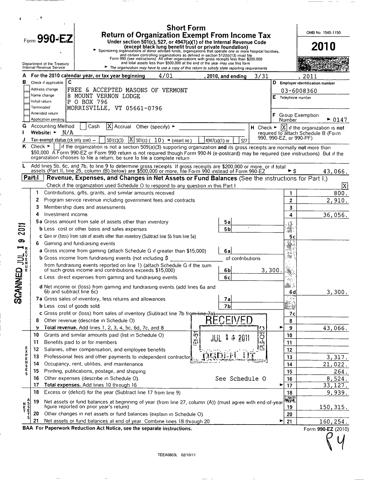 Image of first page of 2010 Form 990EO for Free and Accepted Masons of Vermont - 8 Mount Vernon Lodge