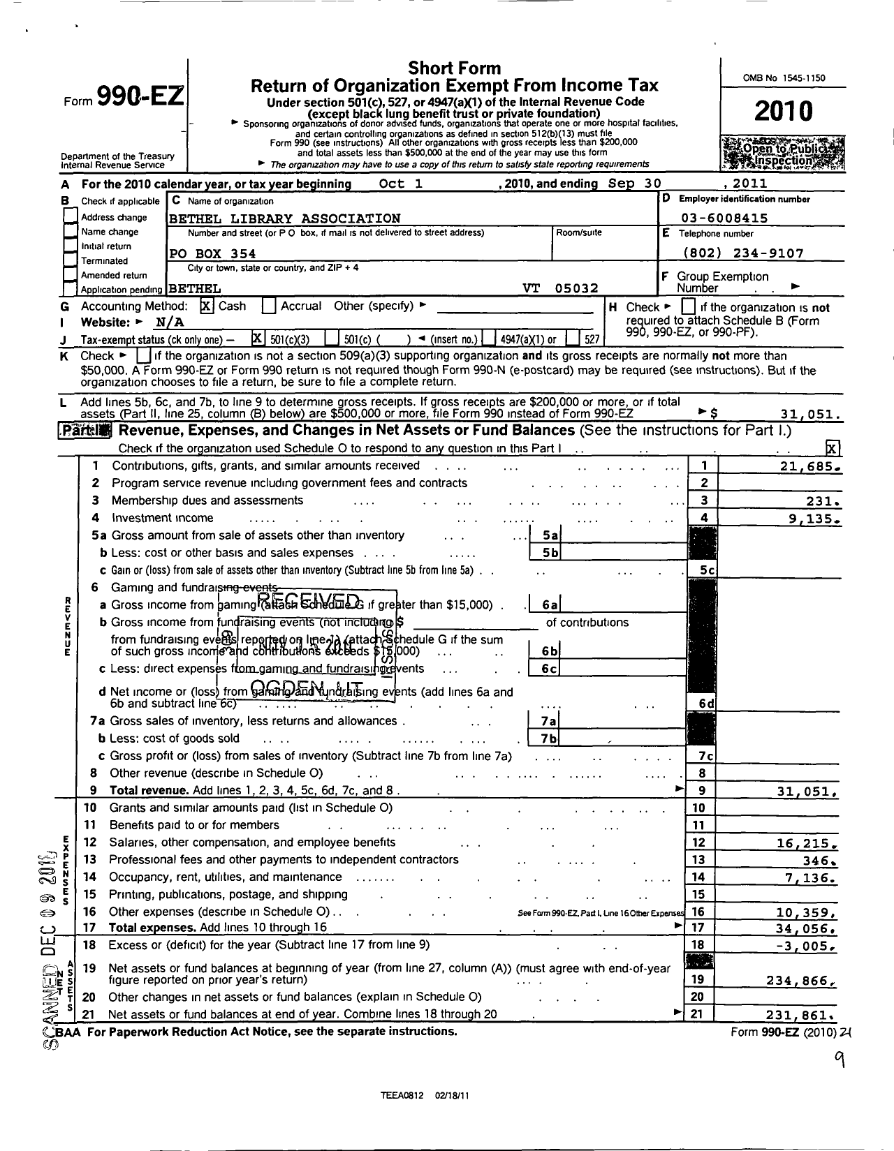 Image of first page of 2010 Form 990EZ for Bethel Library Association