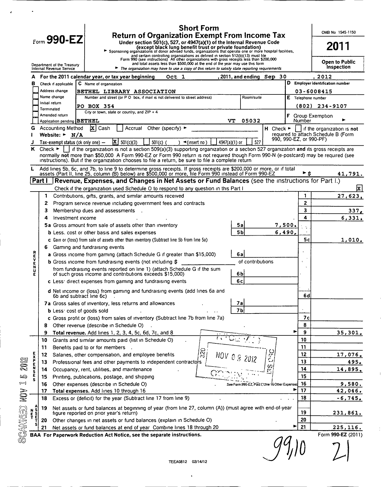 Image of first page of 2011 Form 990EZ for Bethel Library Association