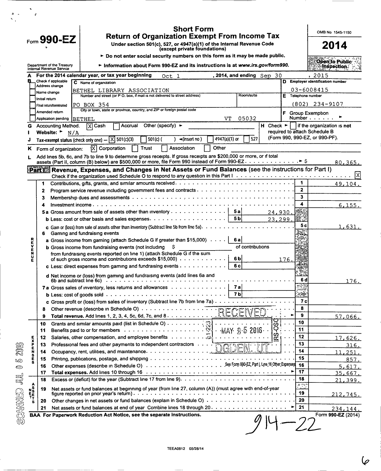 Image of first page of 2014 Form 990EZ for Bethel Library Association