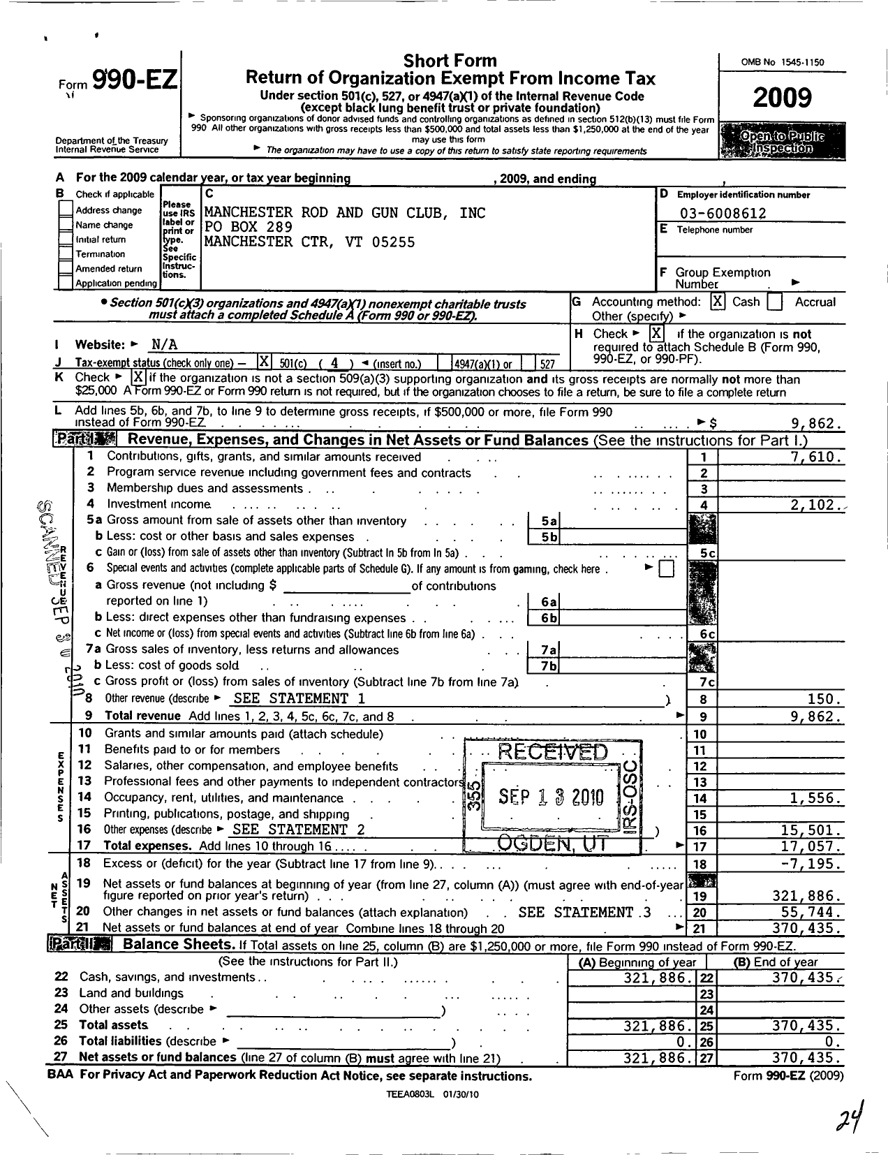 Image of first page of 2009 Form 990EO for Manchester Rod and Gun Club