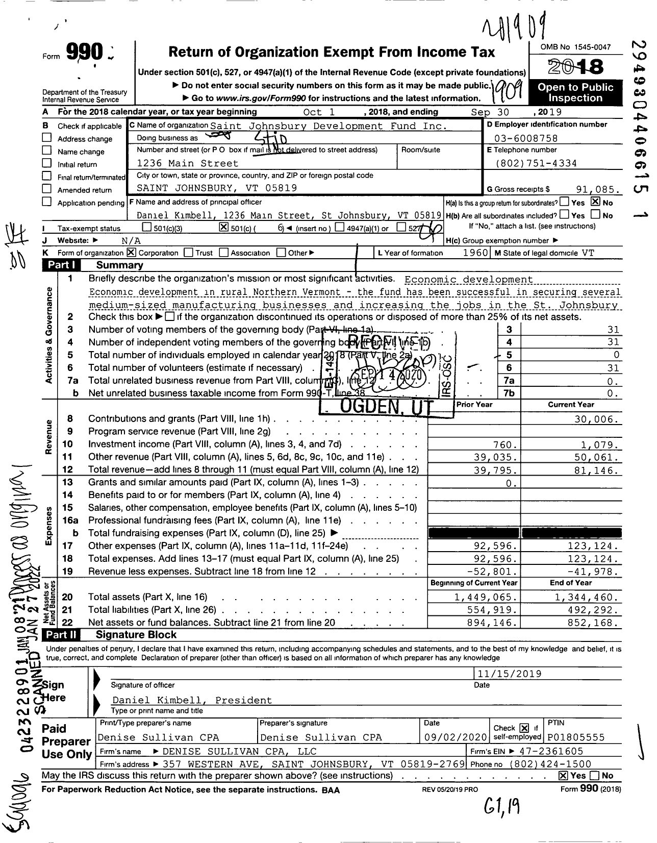 Image of first page of 2018 Form 990O for St Johnsbury Development Fund