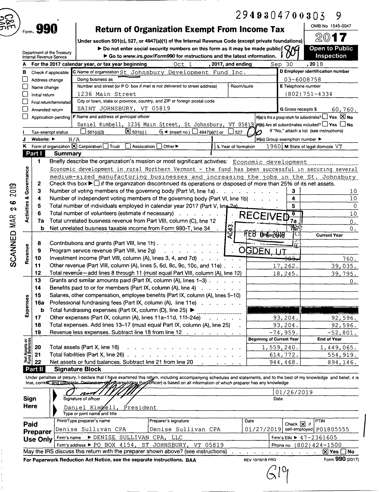 Image of first page of 2017 Form 990O for St Johnsbury Development Fund