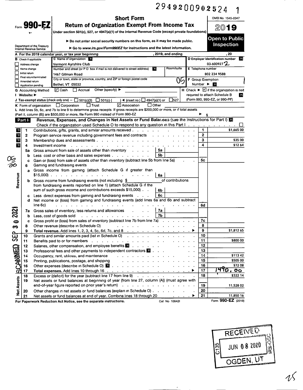 Image of first page of 2019 Form 990EO for Vermont Ayrshire Club