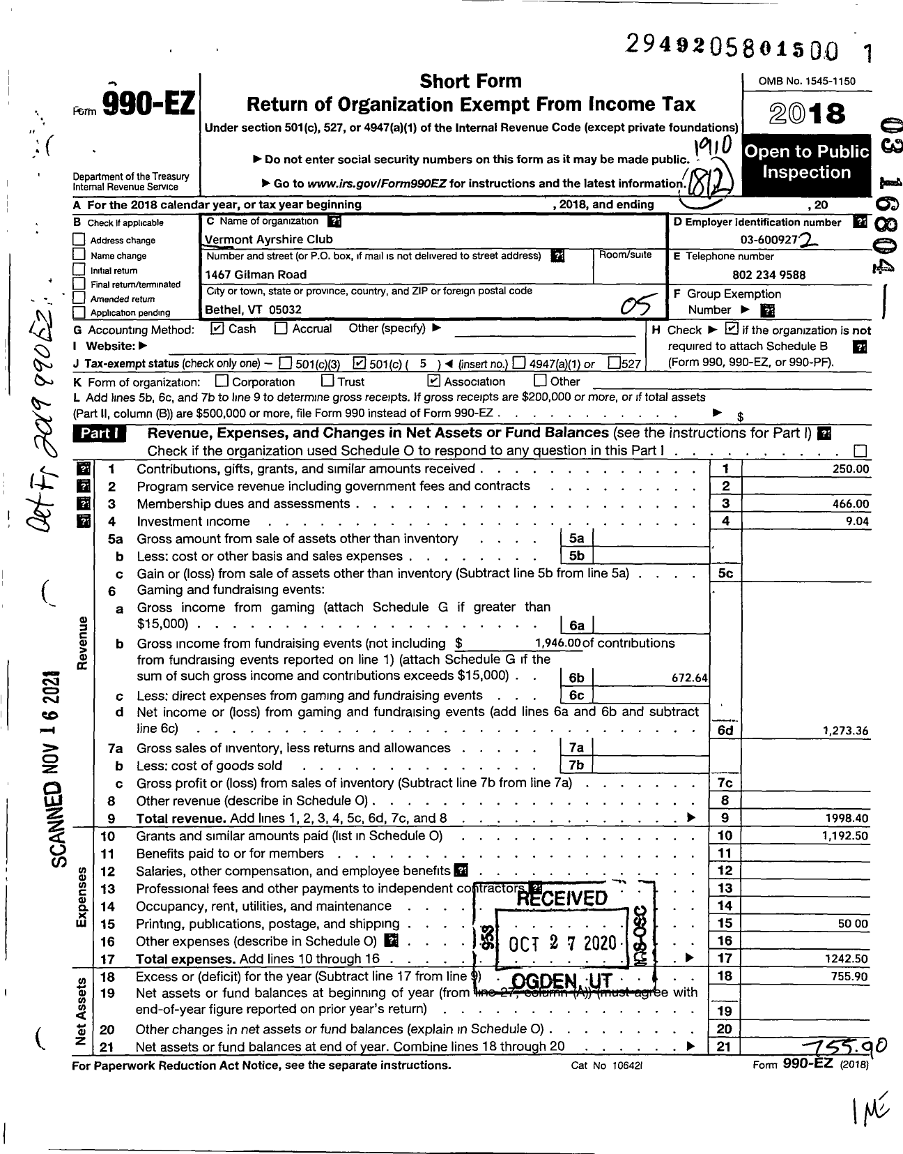 Image of first page of 2018 Form 990EO for Vermont Ayrshire Club