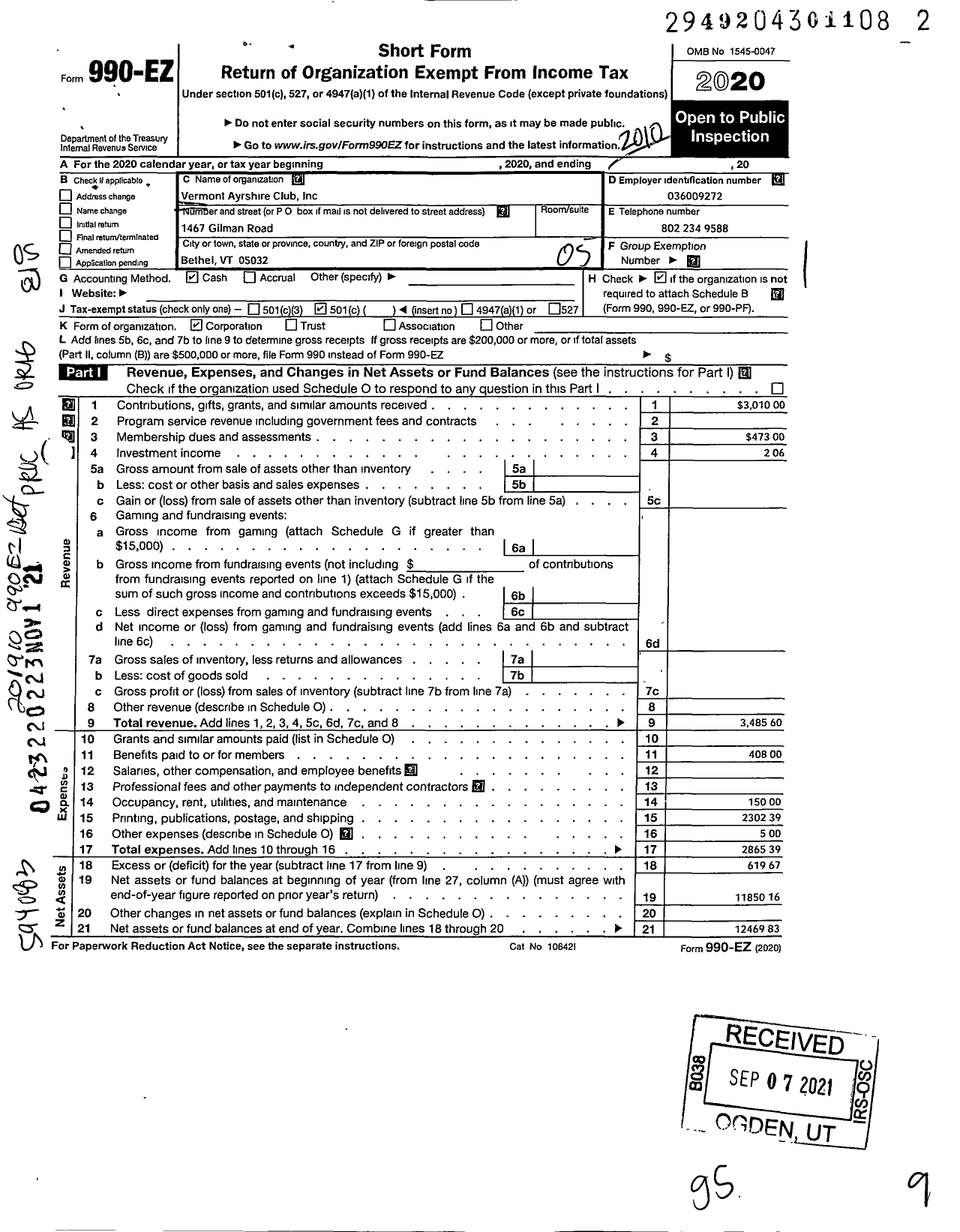 Image of first page of 2019 Form 990EO for Vermont Ayrshire Club