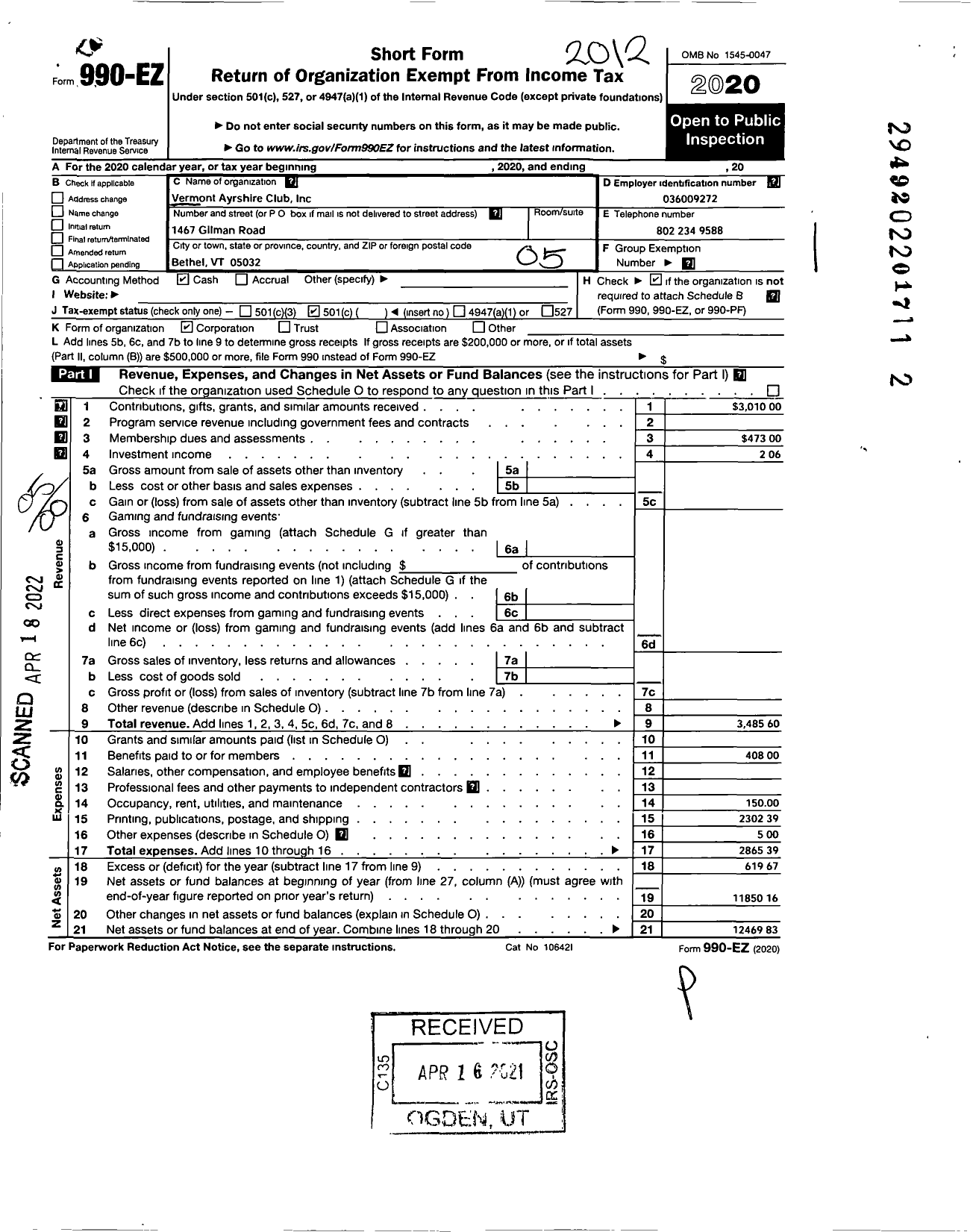 Image of first page of 2020 Form 990EO for Vermont Ayrshire Club