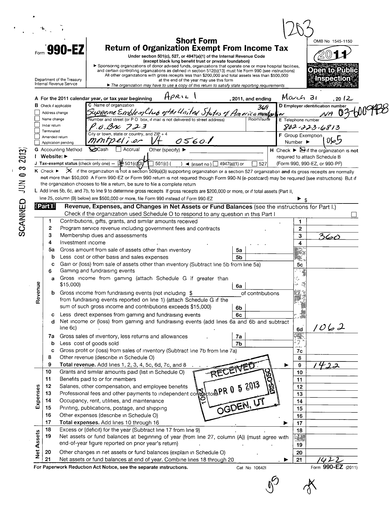 Image of first page of 2011 Form 990EO for Supreme Emblem Club of the United States of America - 369 Montpelier