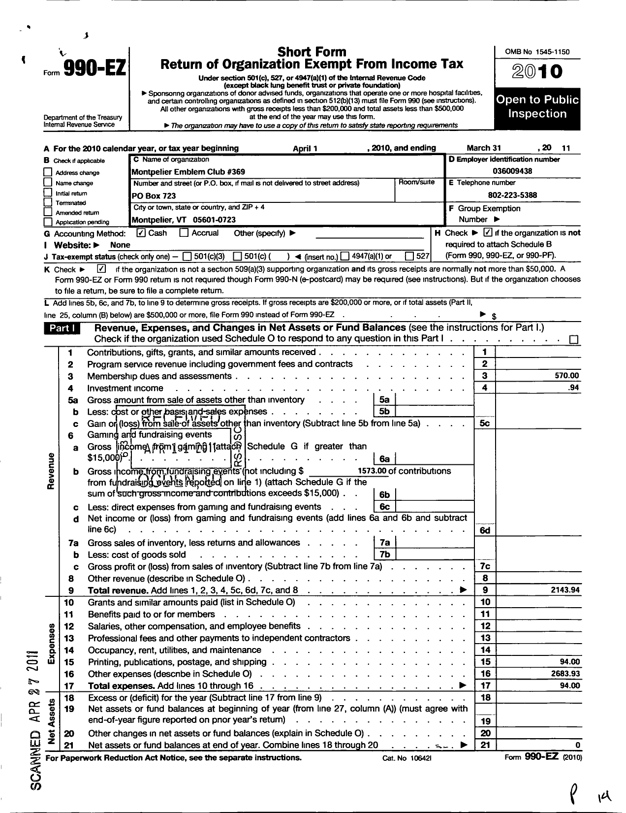 Image of first page of 2010 Form 990EO for Supreme Emblem Club of the United States of America - 369 Montpelier