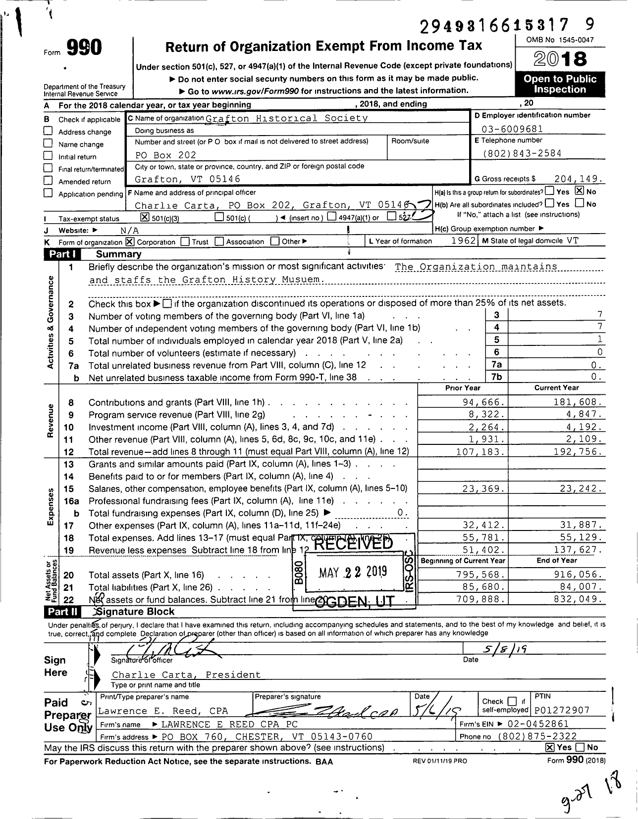 Image of first page of 2018 Form 990 for Grafton Historical Society