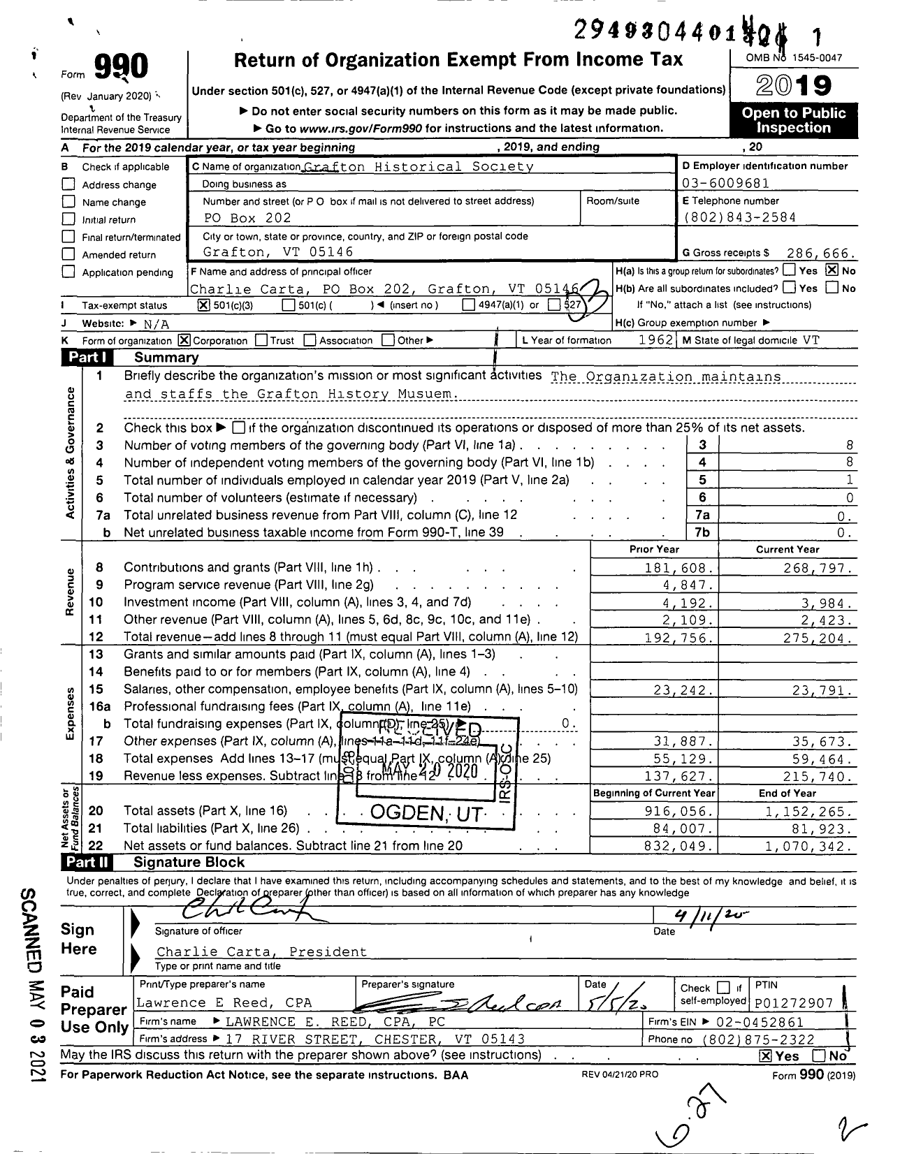 Image of first page of 2019 Form 990 for Grafton Historical Society