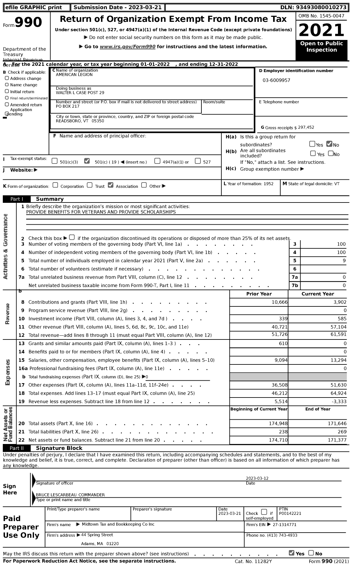 Image of first page of 2022 Form 990 for American Legion - Walter L Case Post 29