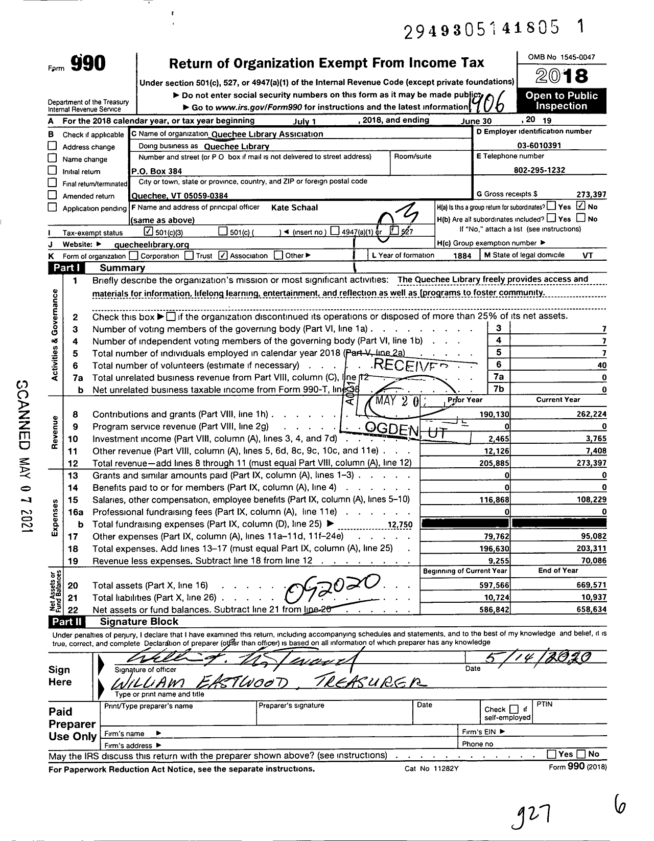 Image of first page of 2018 Form 990 for Quechee Library Association