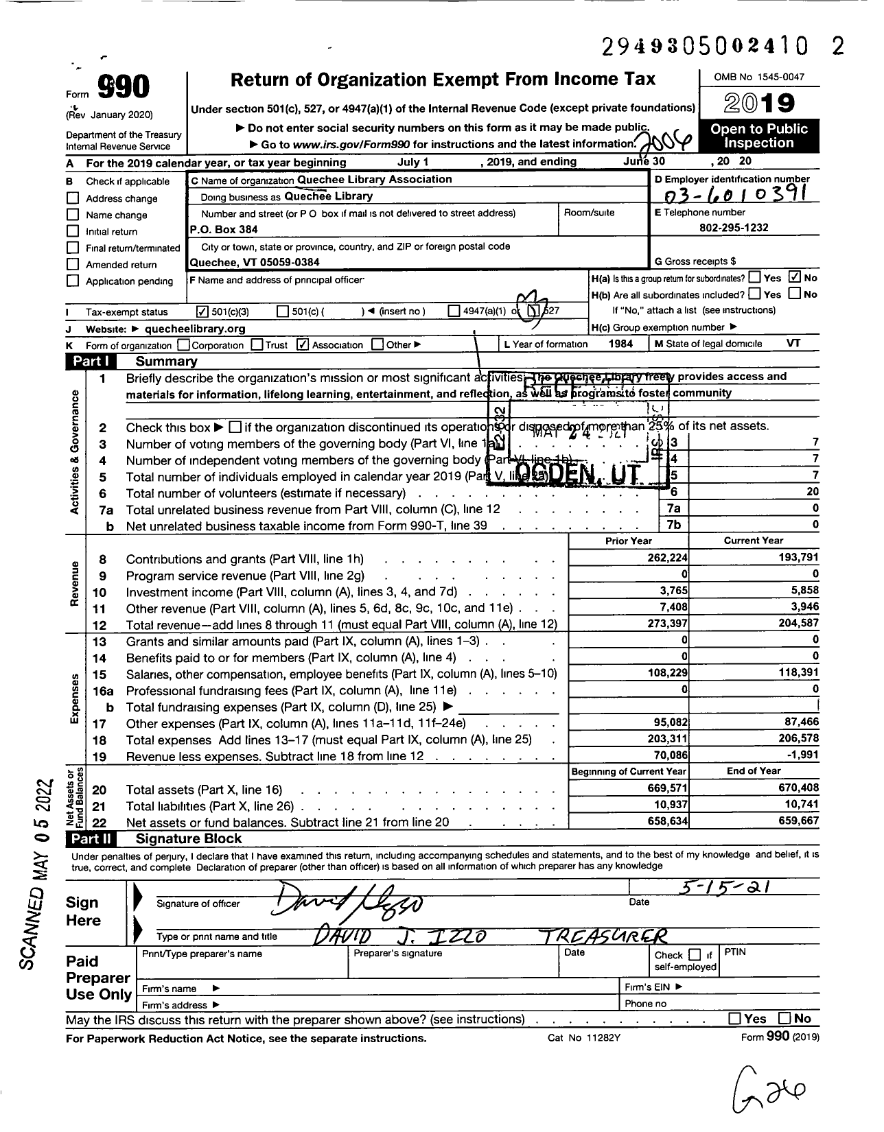 Image of first page of 2019 Form 990 for Quechee Library Association