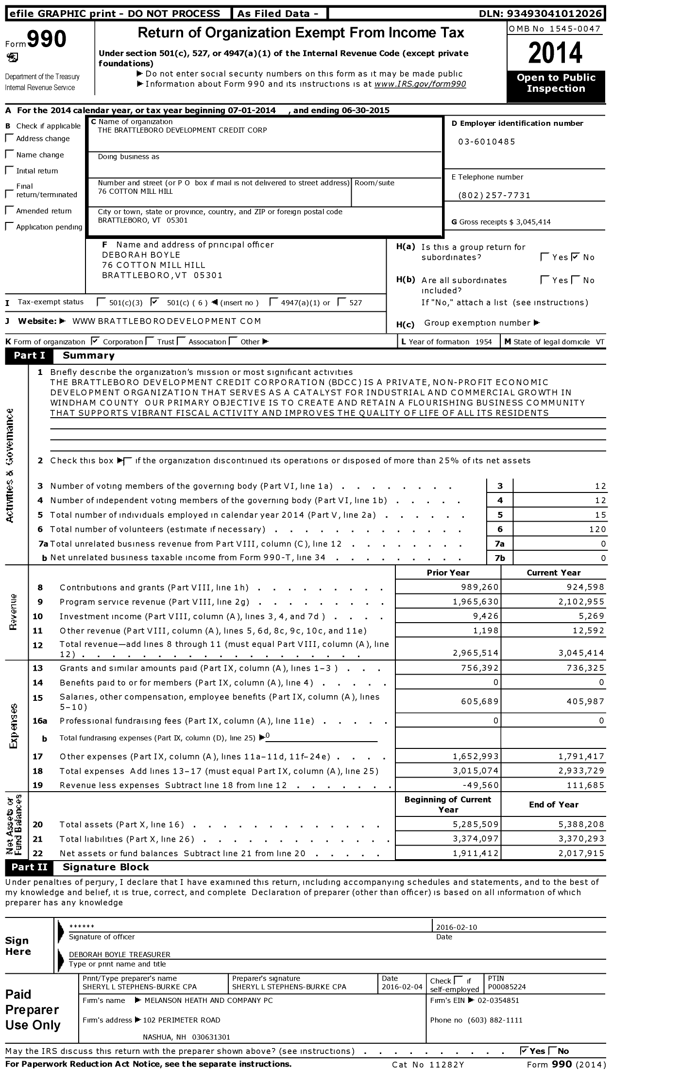 Image of first page of 2014 Form 990O for Brattleboro Development Credit Corporation (BDCC)