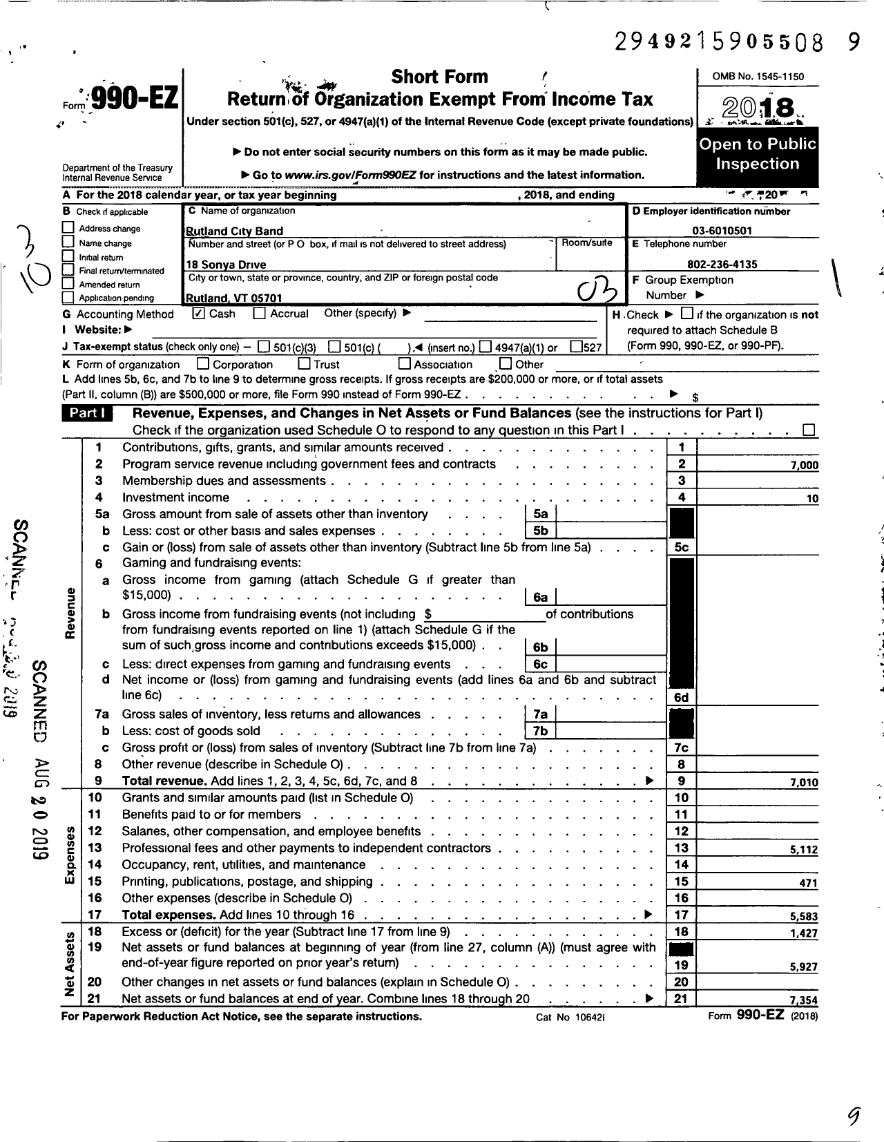 Image of first page of 2018 Form 990EZ for Rutland City Band