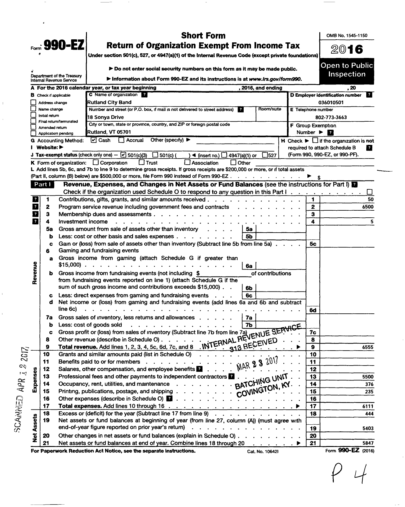 Image of first page of 2016 Form 990EZ for Rutland City Band