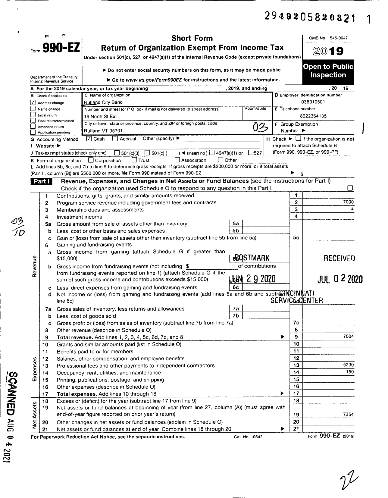 Image of first page of 2019 Form 990EZ for Rutland City Band