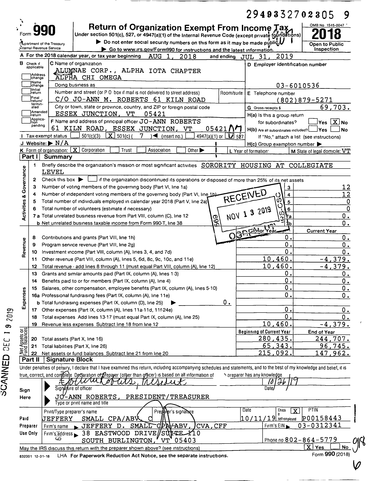 Image of first page of 2018 Form 990O for Alpha Chi Omega Fraternity - Epsilon Lambda Epsilon