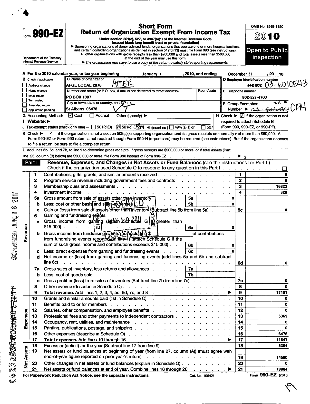 Image of first page of 2010 Form 990EO for American Federation of Government Employees - 2076 Afge-Ins Local