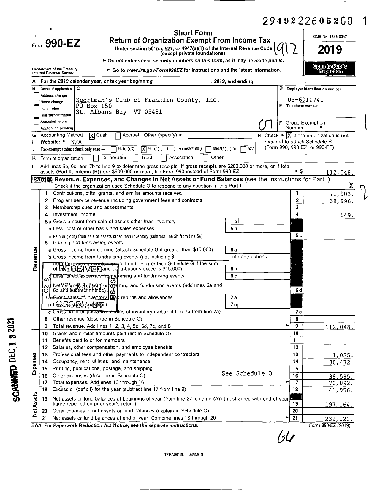 Image of first page of 2019 Form 990EO for Sportsmans Club of Franklin County Incorporated