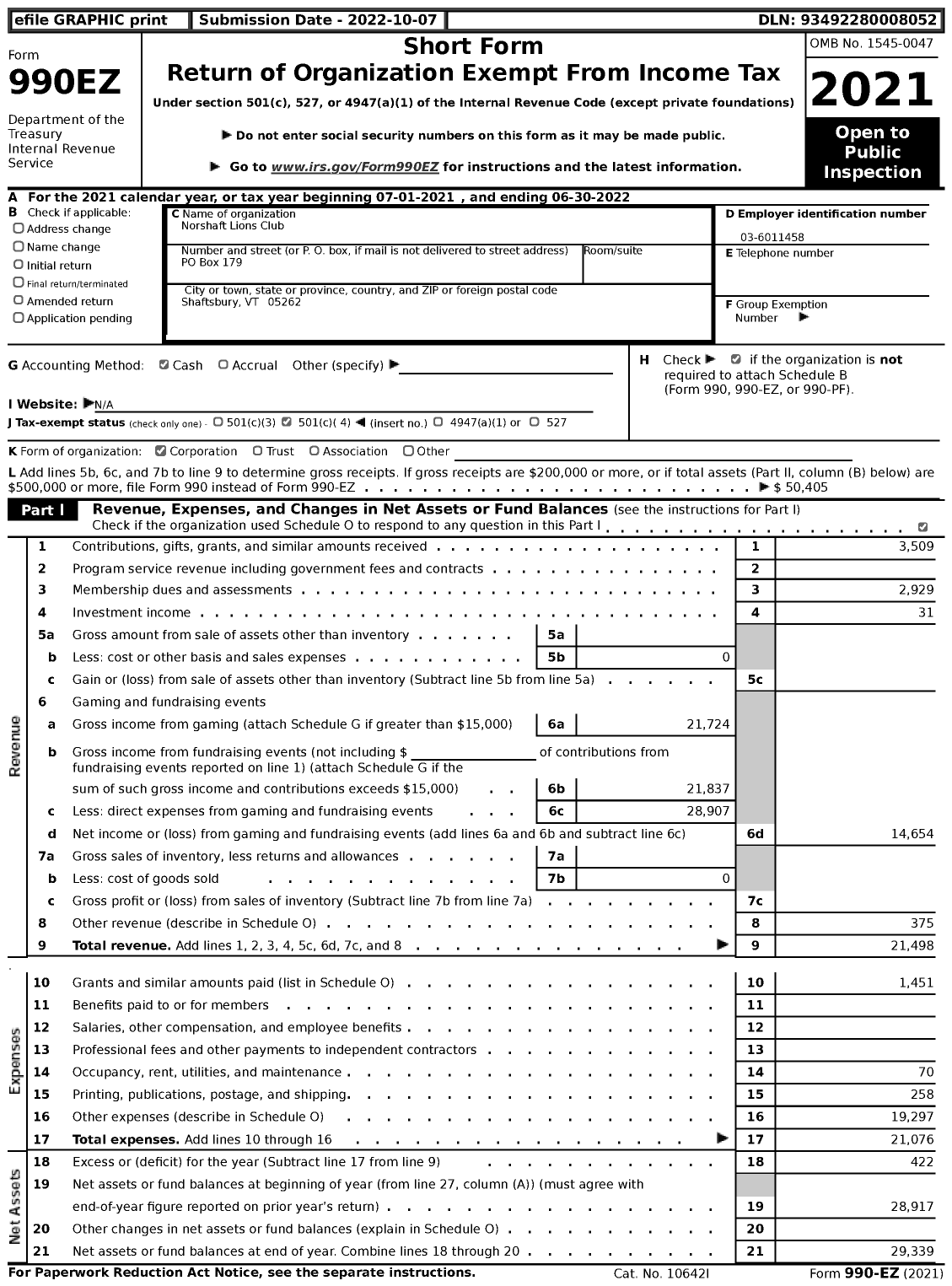 Image of first page of 2021 Form 990EZ for Lions Clubs - 14222 Norshaft Lions Club