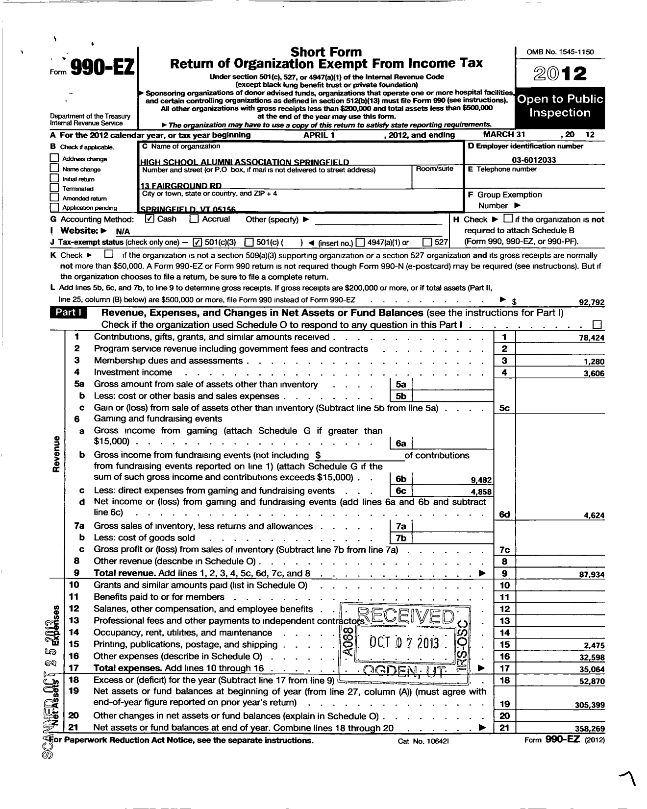 Image of first page of 2011 Form 990EZ for High School Alumni Association Springfield