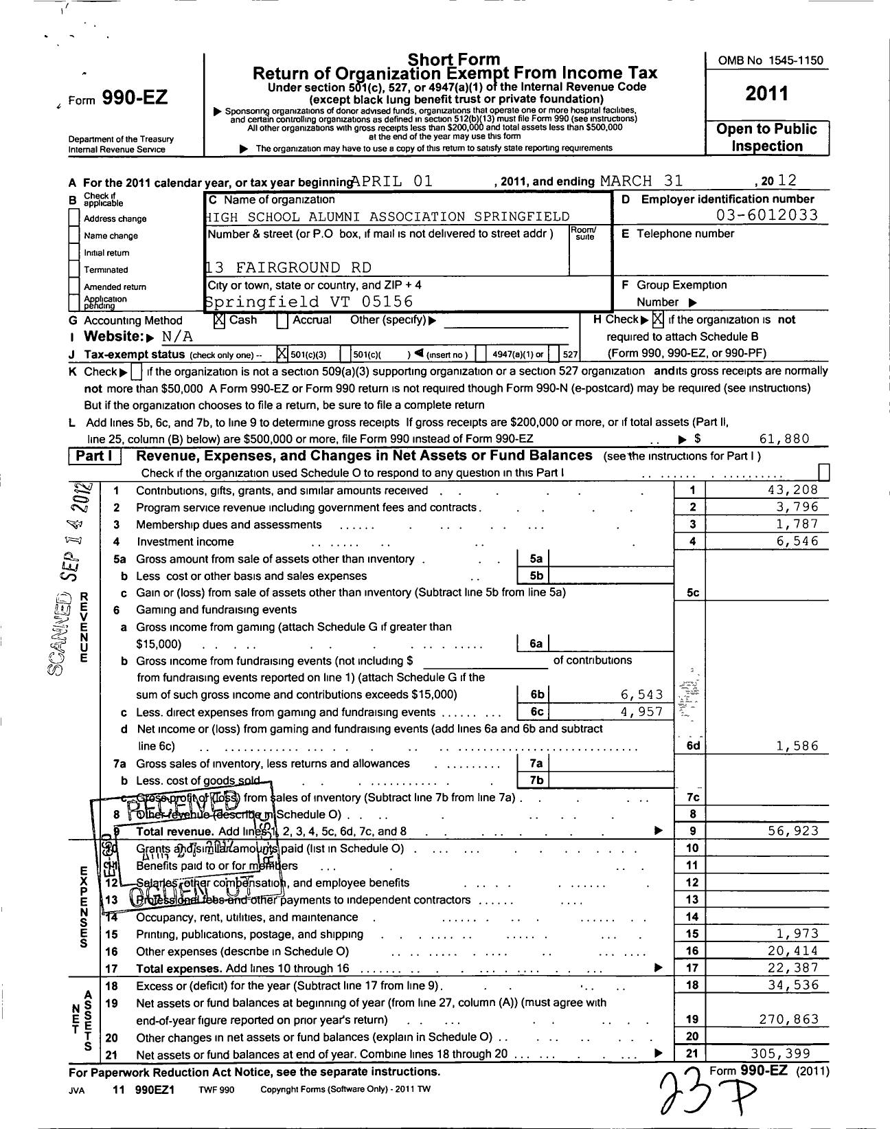 Image of first page of 2011 Form 990EZ for High School Alumni Association Springfield