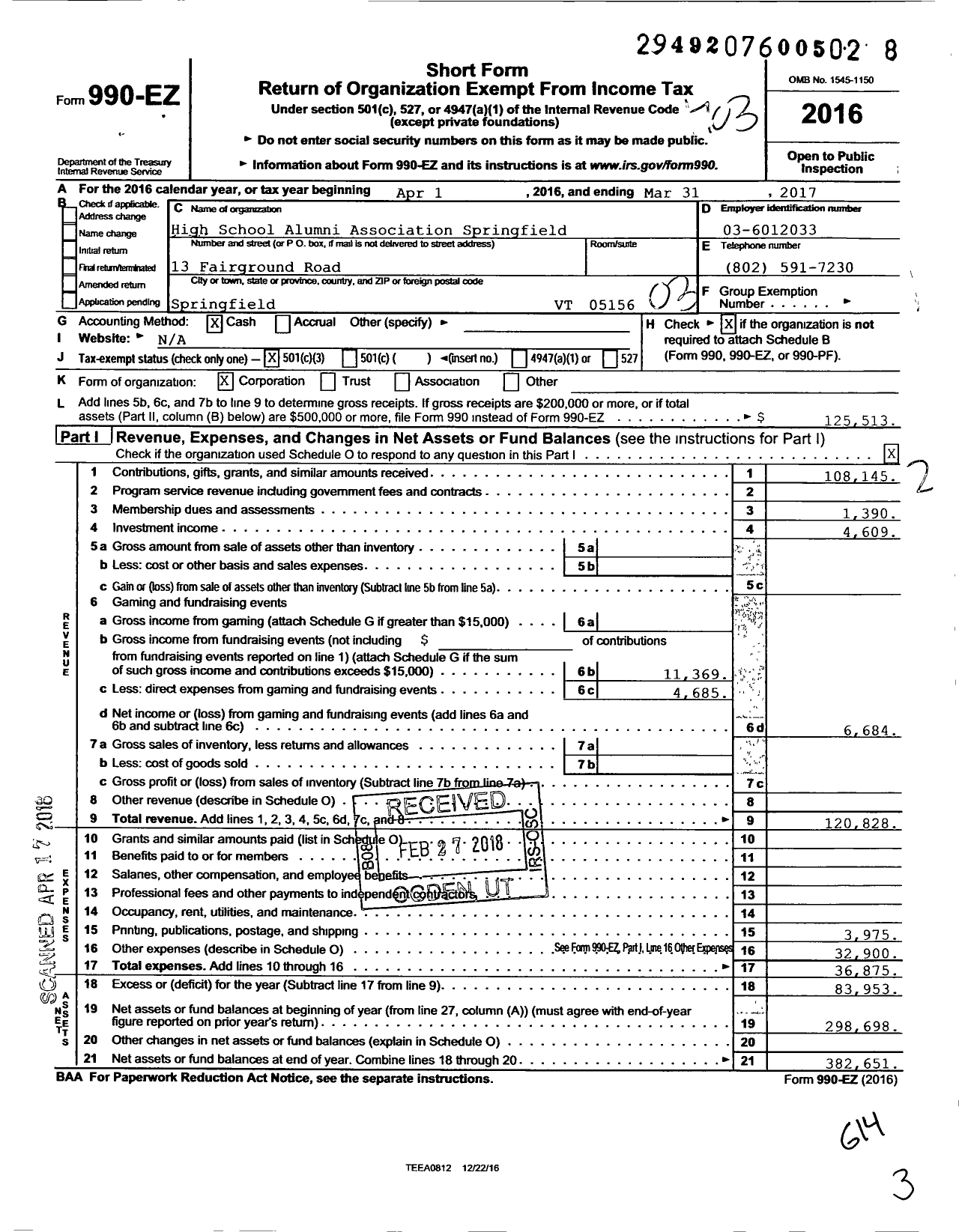 Image of first page of 2016 Form 990EZ for High School Alumni Association Springfield