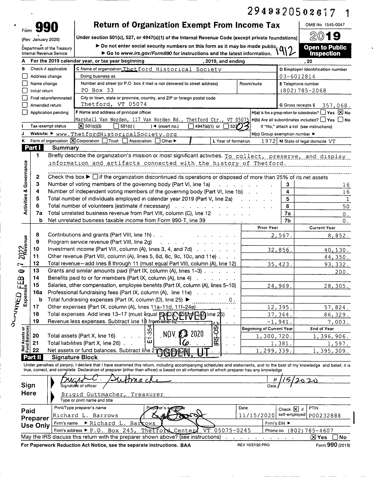 Image of first page of 2019 Form 990 for Thetford Historical Society