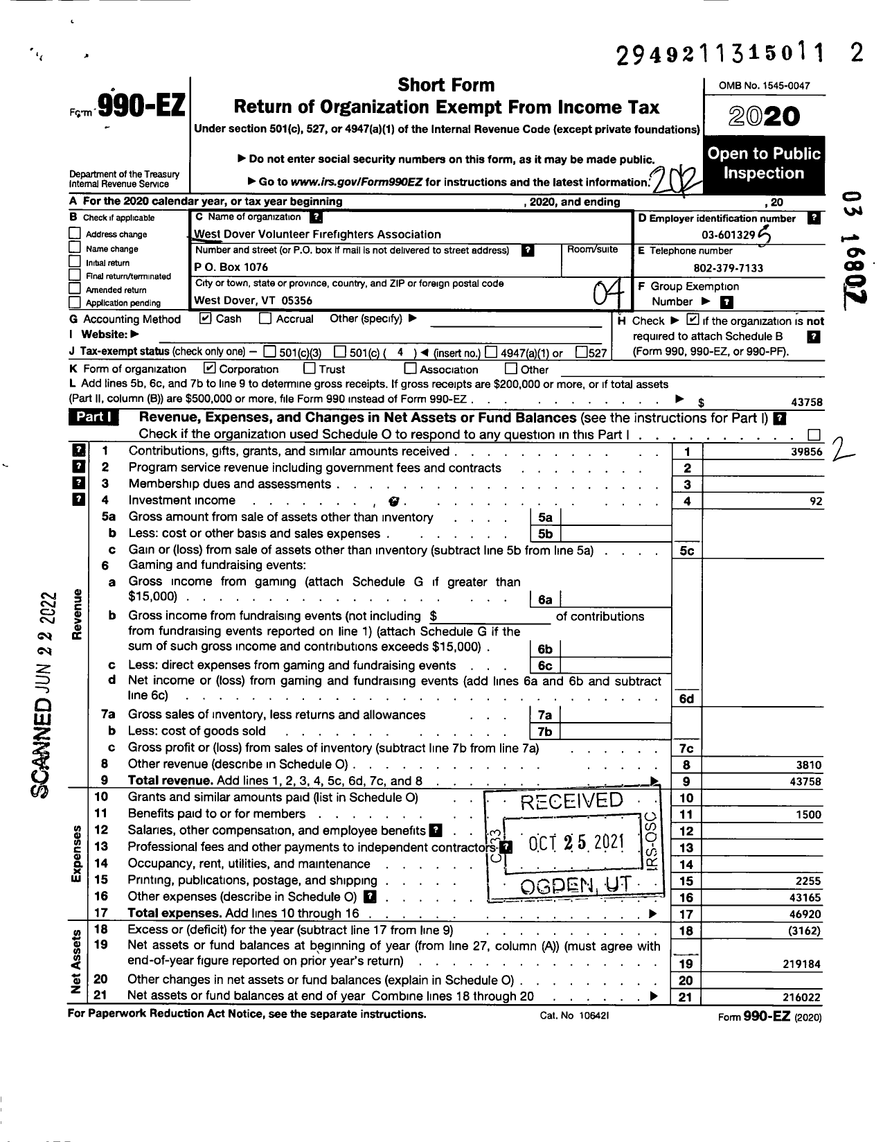 Image of first page of 2020 Form 990EO for West Dover Volunteer Firefighters Association