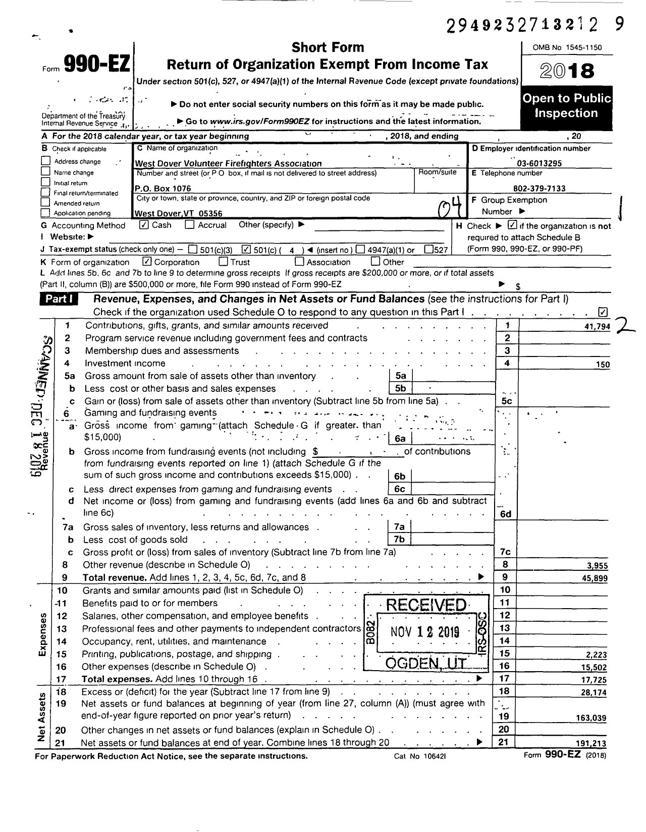 Image of first page of 2018 Form 990EO for West Dover Volunteer Firefighters Association