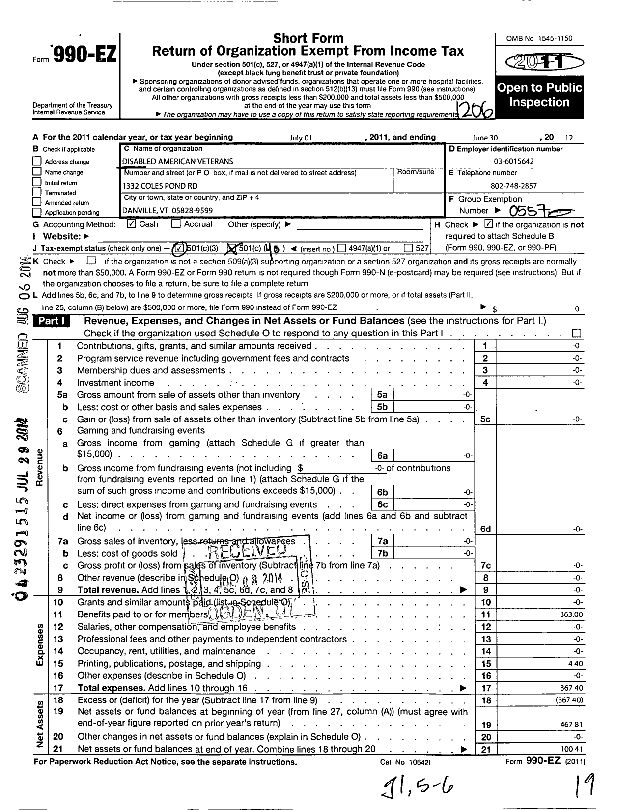 Image of first page of 2011 Form 990EO for Disabled American Veterans - 9 Lyle D Little