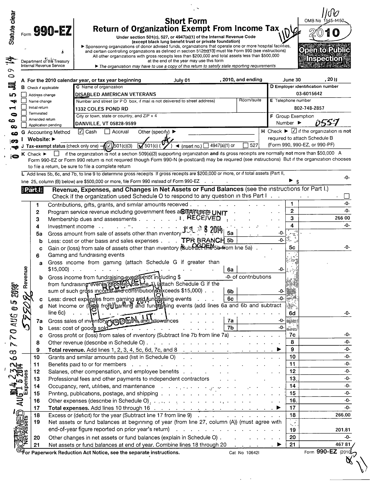 Image of first page of 2010 Form 990EO for Disabled American Veterans - 9 Lyle D Little