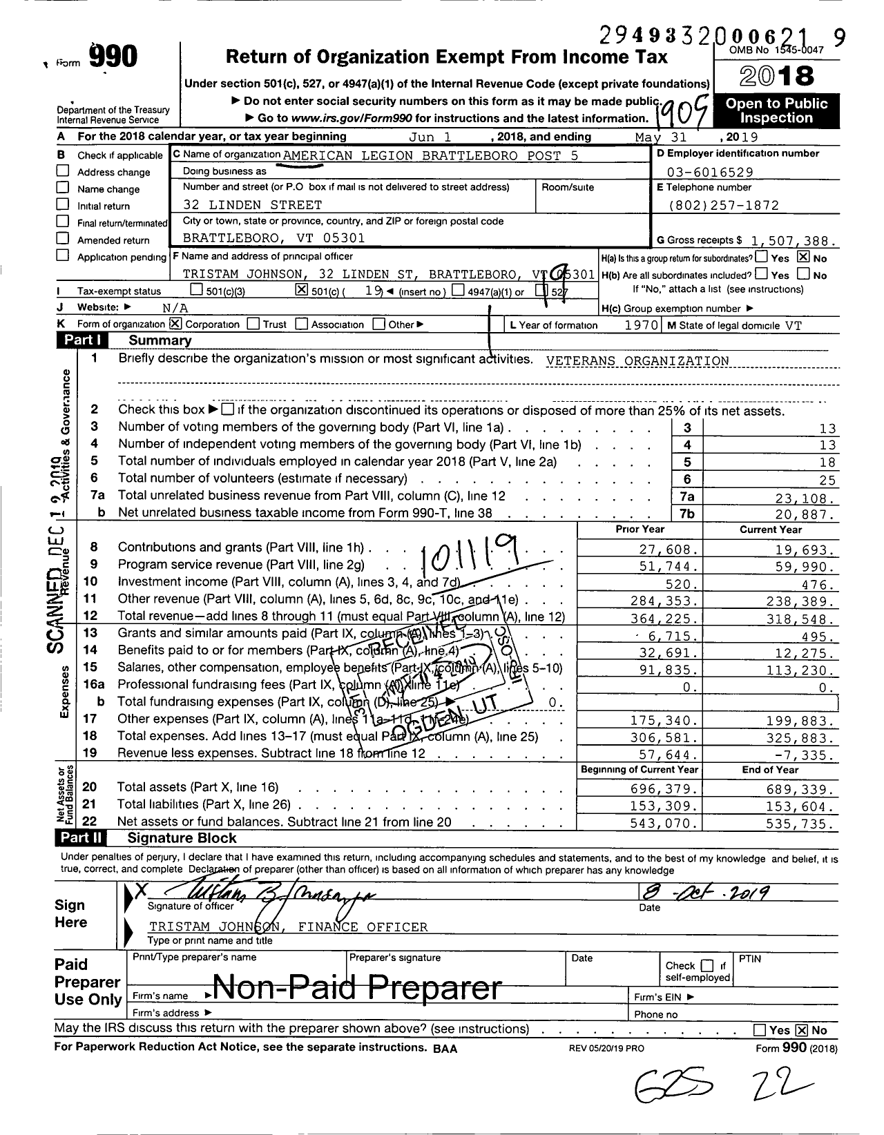 Image of first page of 2018 Form 990O for American Legion - 0005 Brattleboro