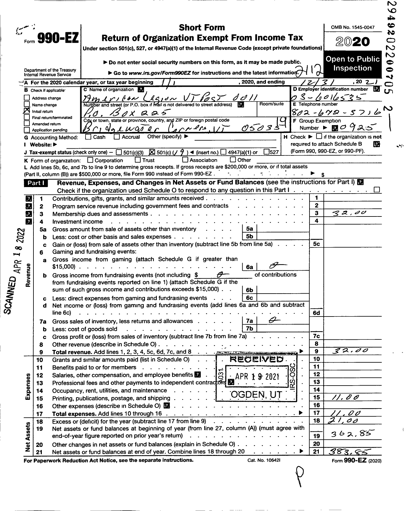 Image of first page of 2021 Form 990EO for American Legion - 11 Geno-Robinson