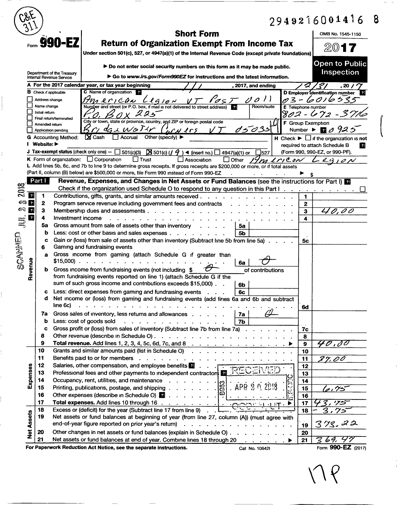 Image of first page of 2017 Form 990EO for American Legion - 11 Geno-Robinson