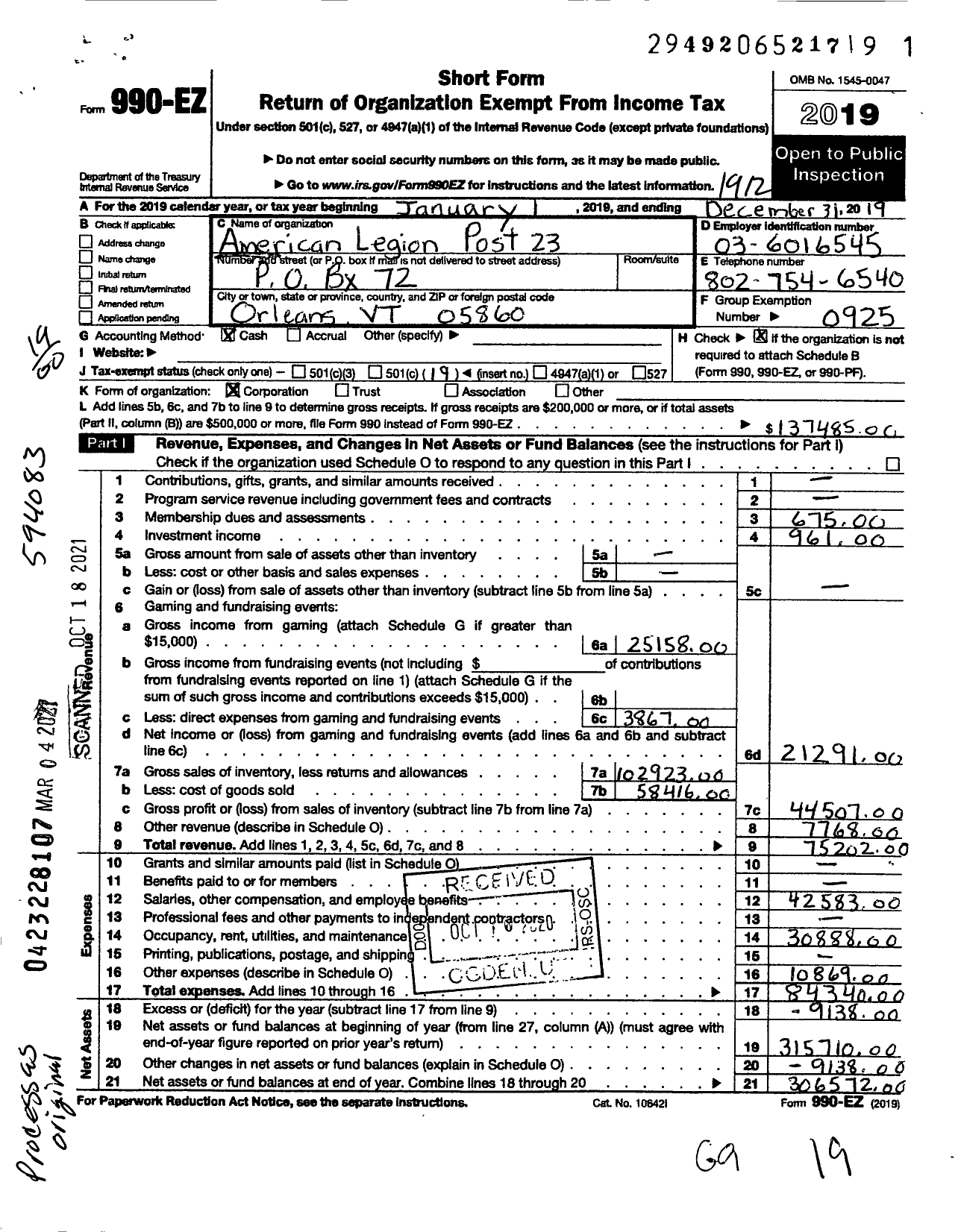 Image of first page of 2019 Form 990EO for American Legion - Post 23