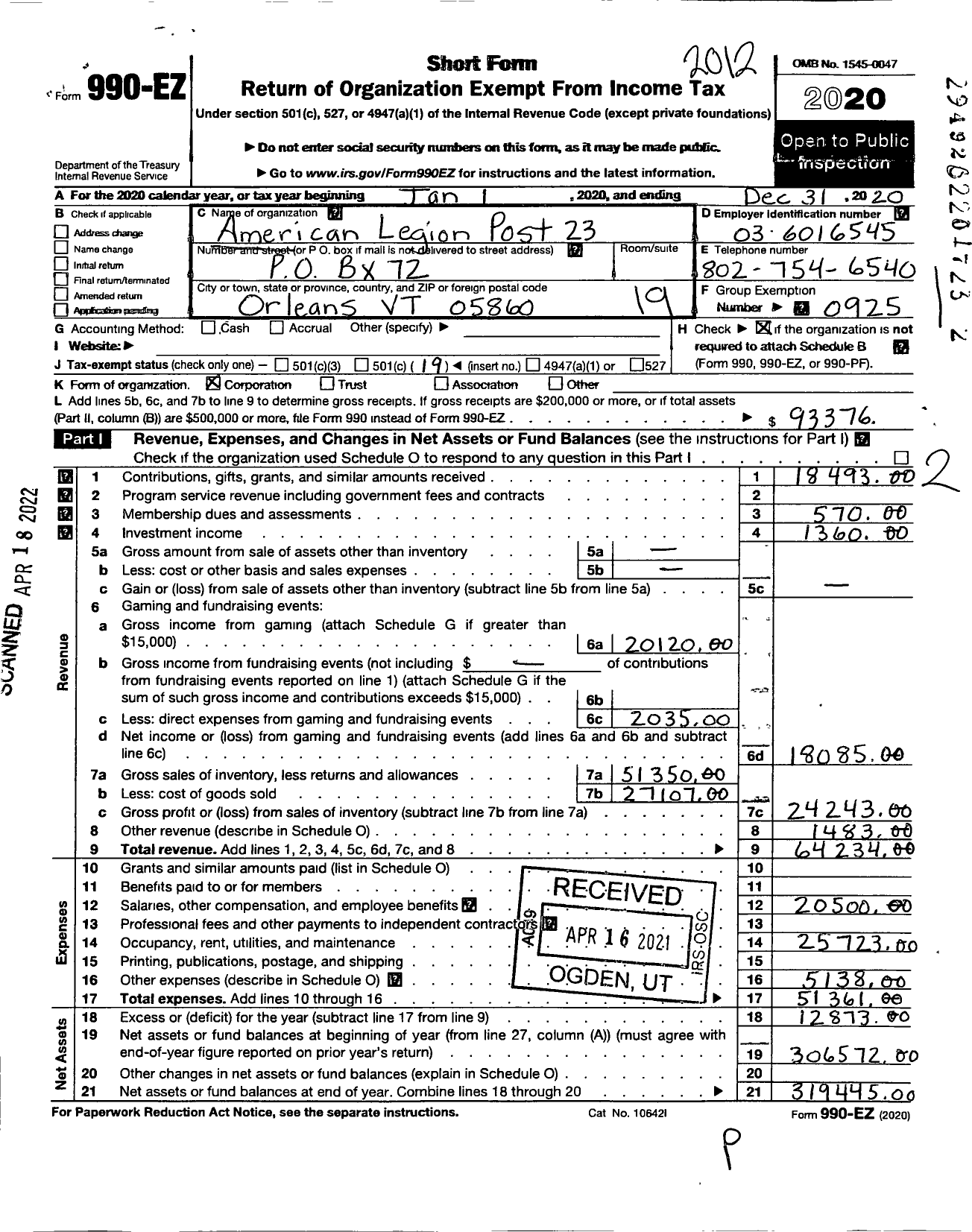 Image of first page of 2020 Form 990EO for American Legion - Post 23