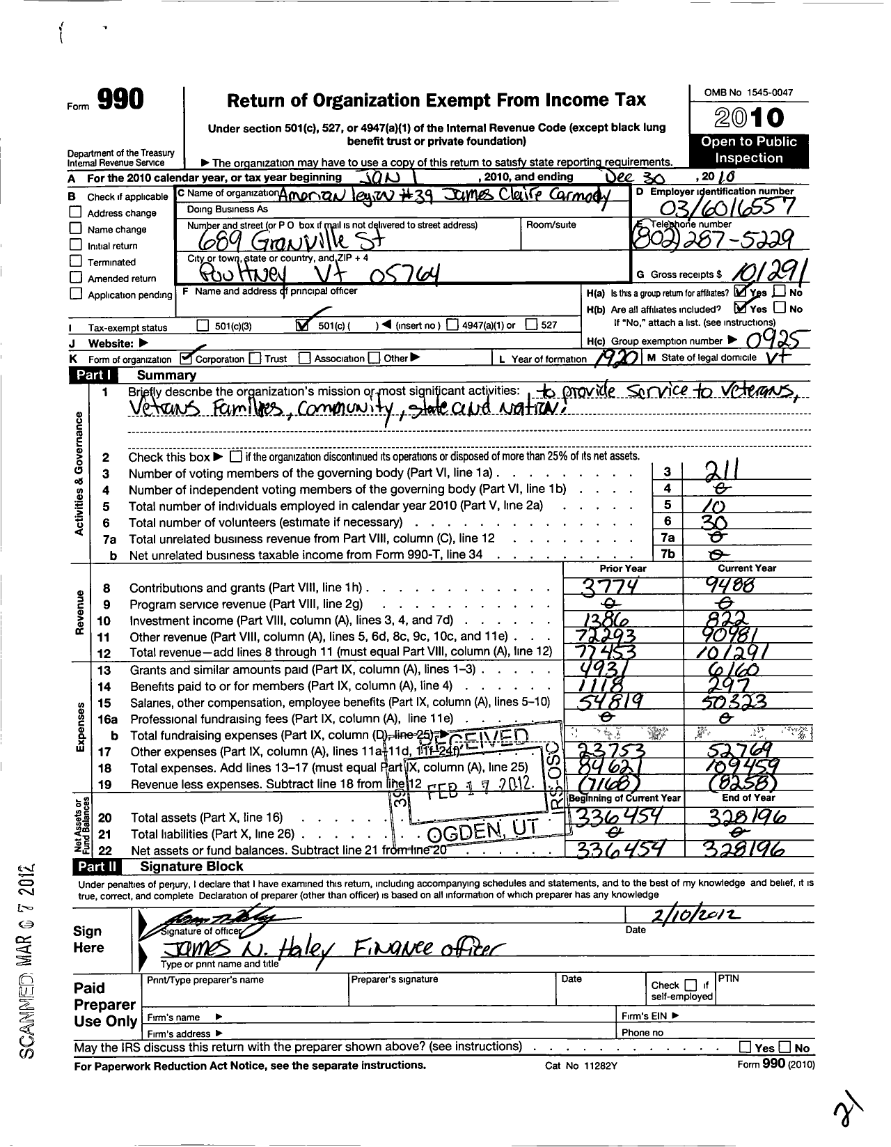 Image of first page of 2010 Form 990O for American Legion 39 J Claire Carmody Post