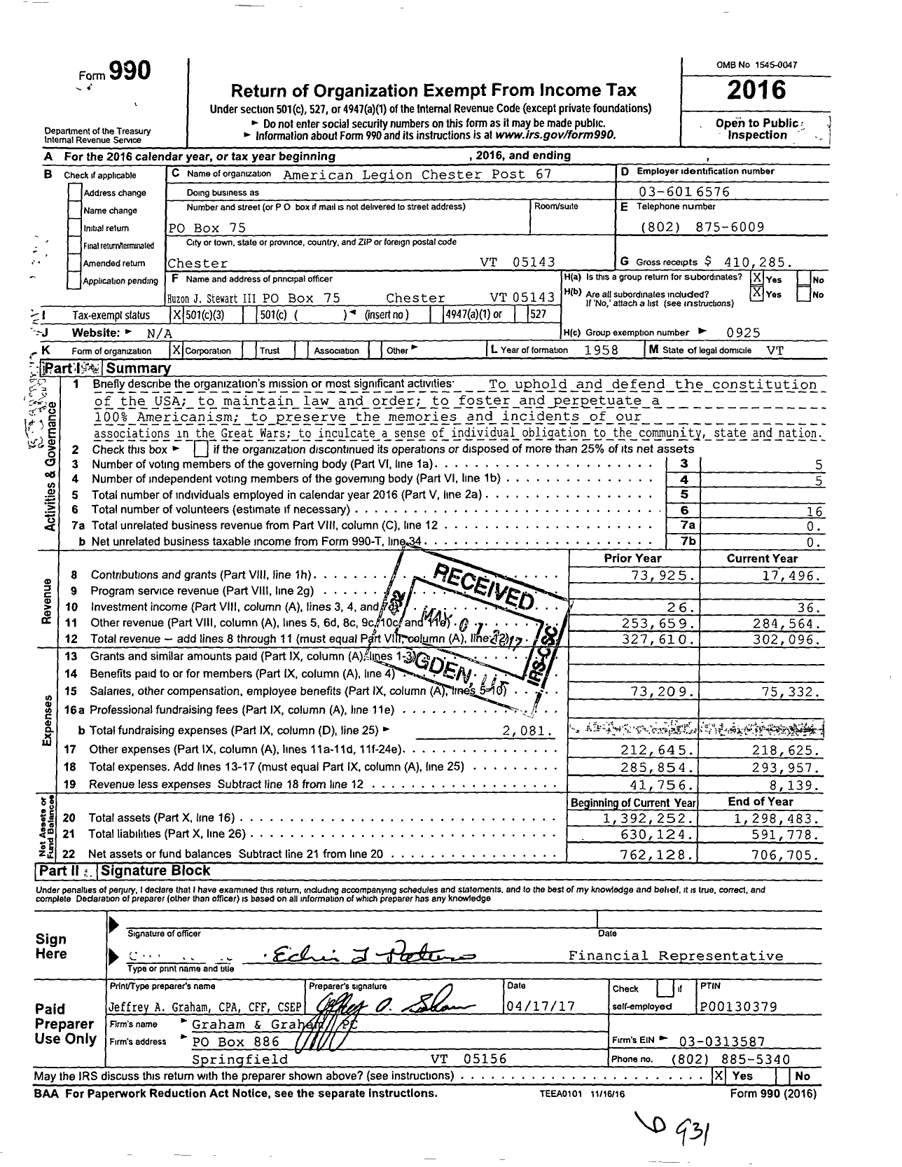 Image of first page of 2016 Form 990 for American Legion Chester Post 67