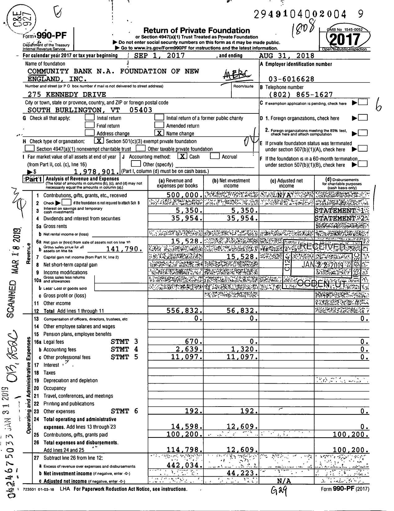 Image of first page of 2017 Form 990PF for Community Bank Na Foundation of New England