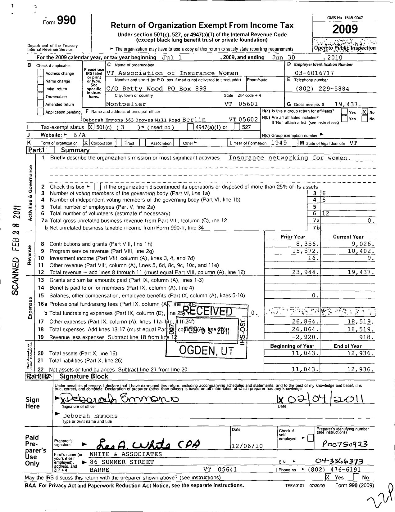 Image of first page of 2009 Form 990 for National Association of Insurance Women - 129 Vermont Association of Ins Pro
