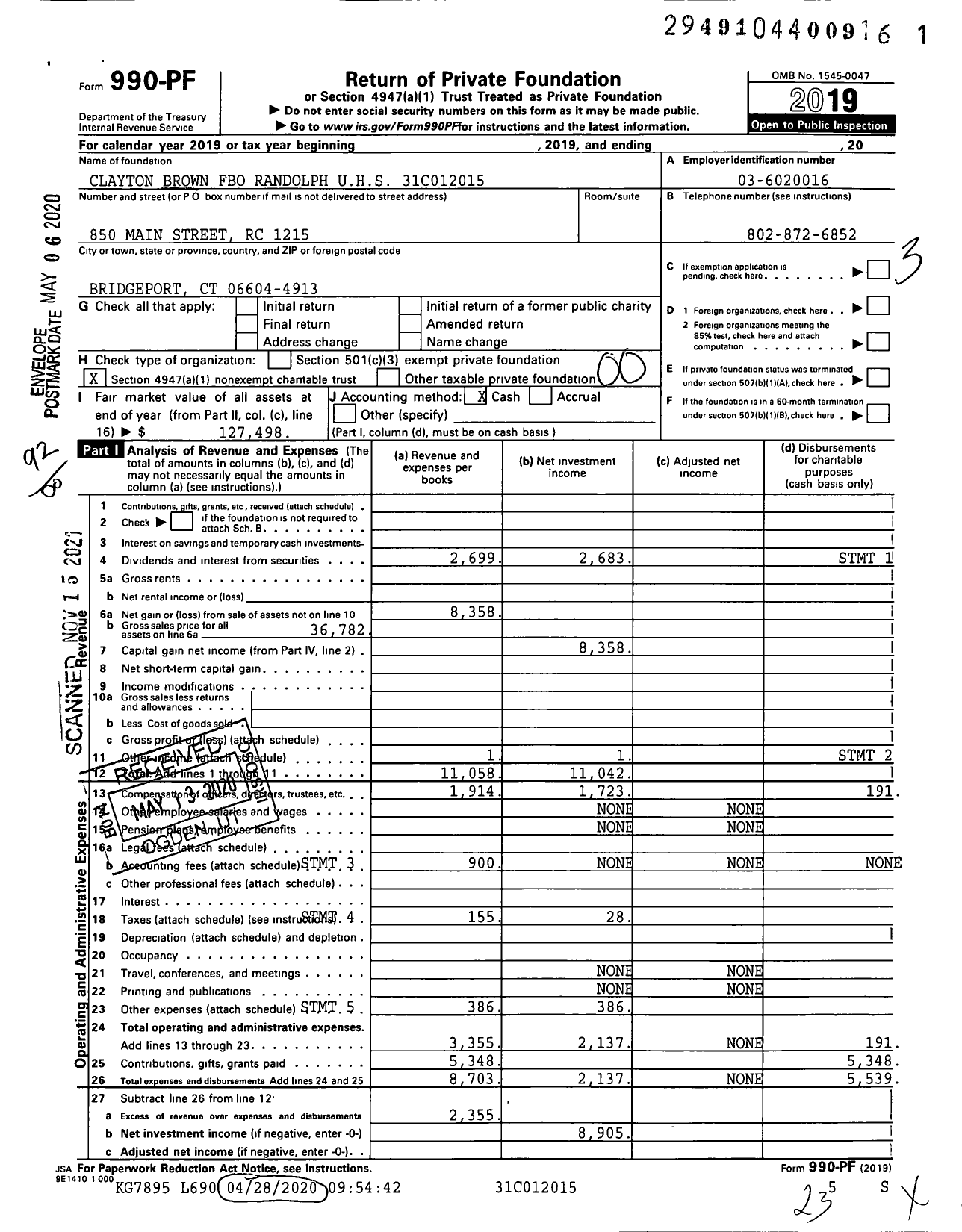 Image of first page of 2019 Form 990PF for Clayton Brown Fbo Randolph Uhs