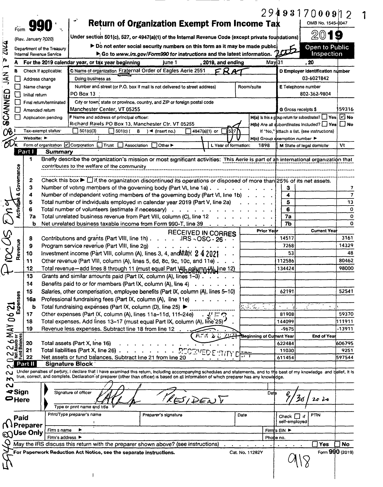 Image of first page of 2019 Form 990O for FRATERNAL Order of Eagles - 2551 Aerie