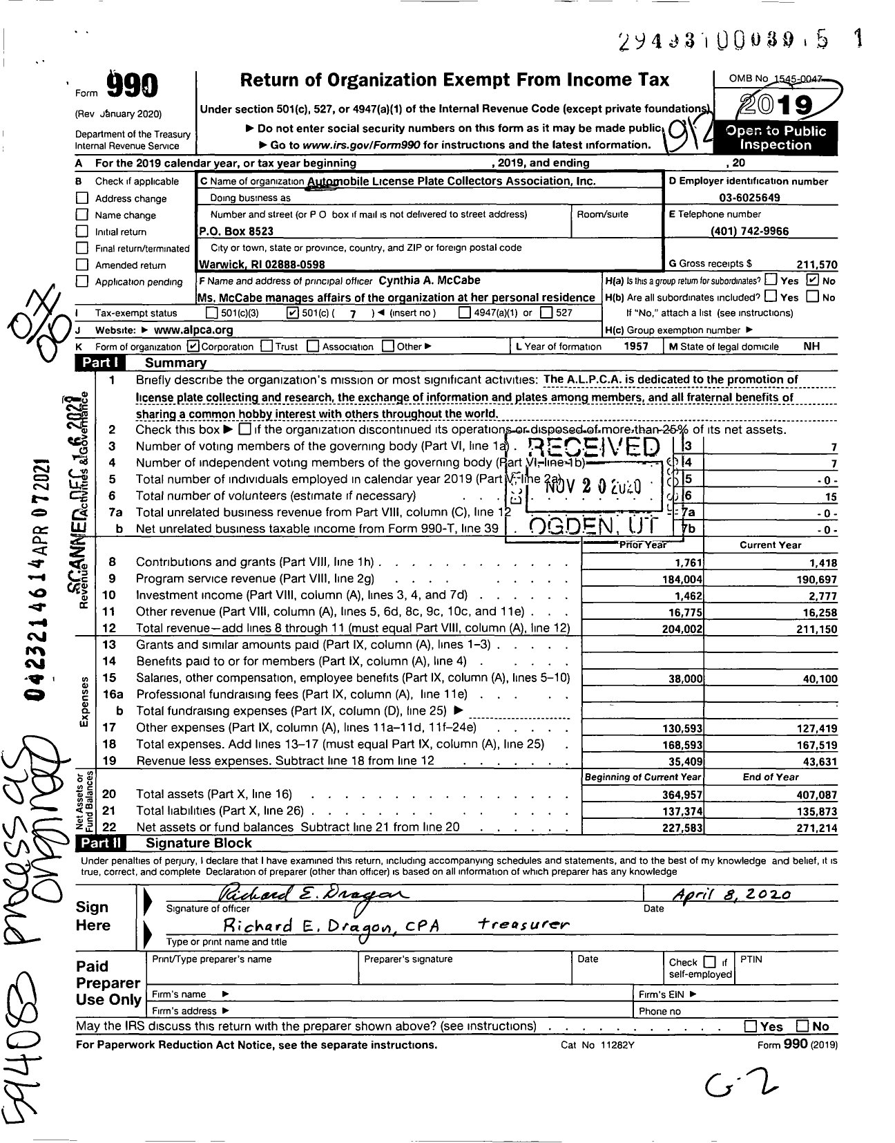 Image of first page of 2019 Form 990O for Automobile License Plate Collectors Association