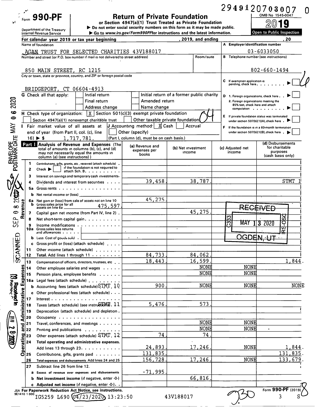 Image of first page of 2019 Form 990PR for Agan Trust for Selected Charities